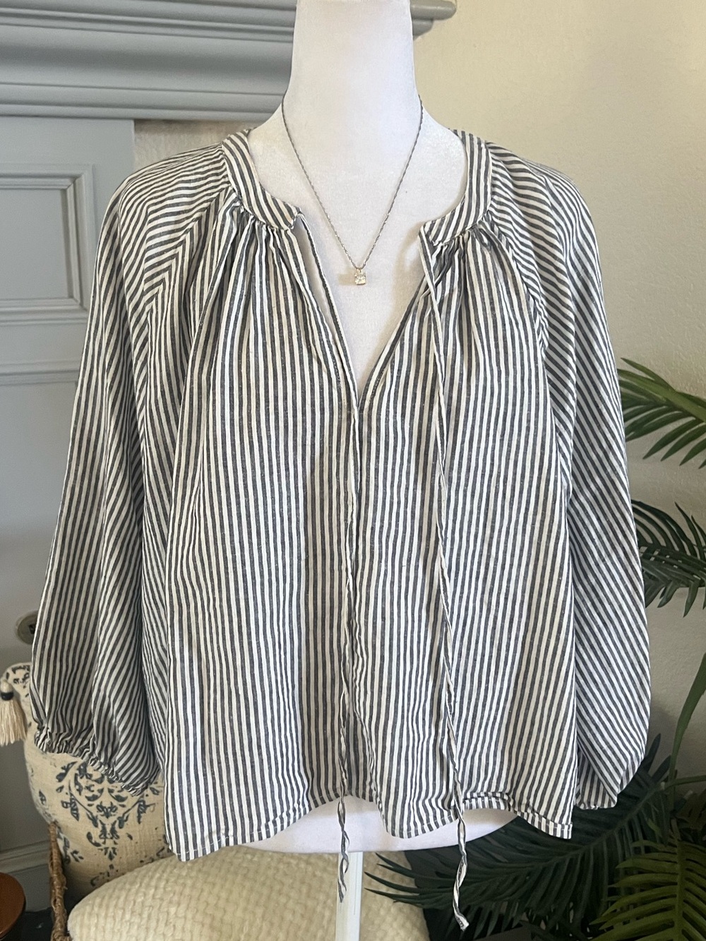 a new day Linen Blend Black and White Vertical Stripe Peasant Blouse